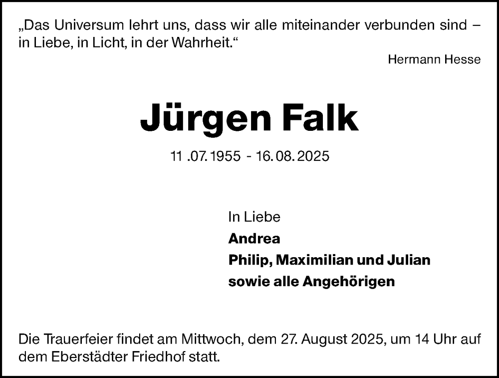 Traueranzeige für Jürgen Falk vom 23.08.2025 aus Darmstädter Echo
