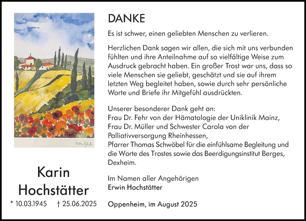  Traueranzeige für Karin Hochstätter vom 16.08.2025 aus Allgemeine Zeitung Mainz