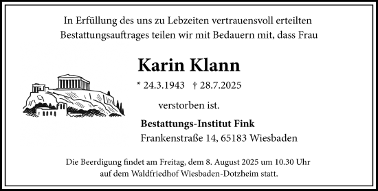 Traueranzeige von Karin Klann von Wiesbadener Kurier