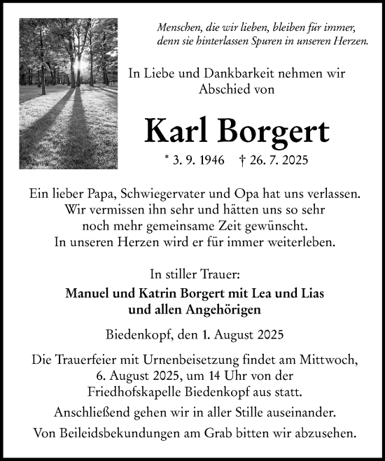 Traueranzeige von Karl Borgert von Hinterländer Anzeiger