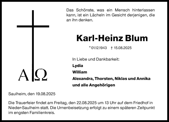 Traueranzeige von Karl-Heinz Blum von Allgemeine Zeitung Alzey