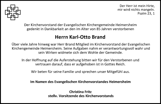 Traueranzeige von Karl-Otto Brand von Allgemeine Zeitung Alzey