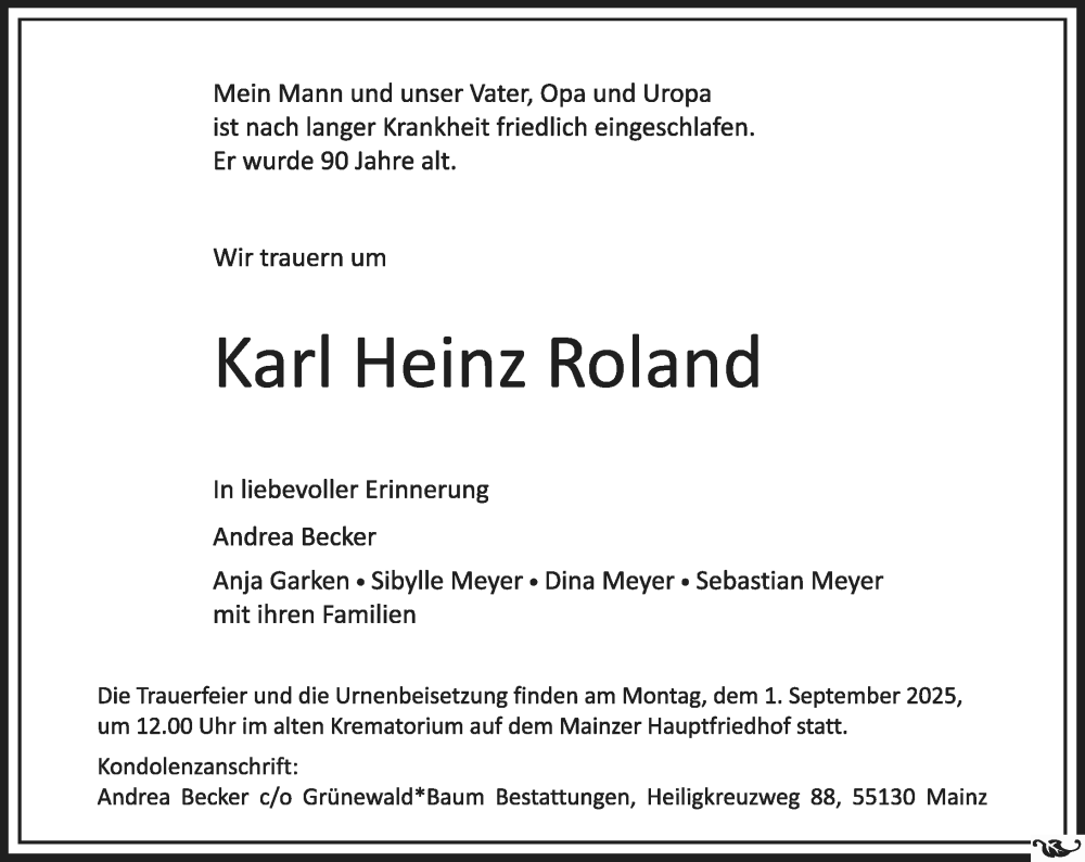  Traueranzeige für Karl Heinz Roland vom 23.08.2025 aus Wiesbadener Kurier
