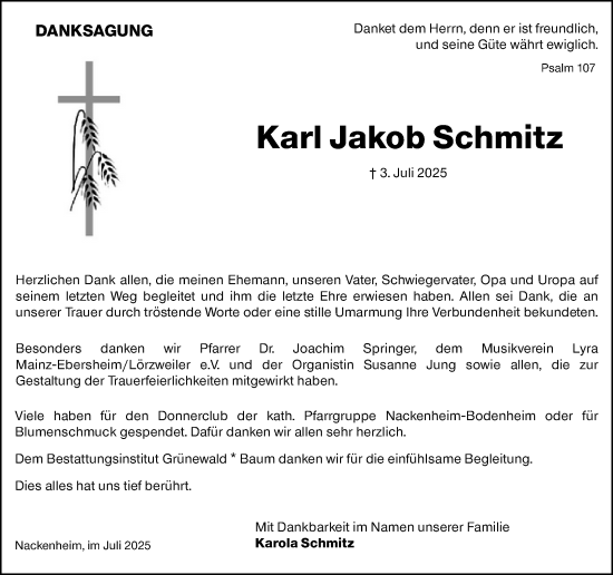 Traueranzeige von Karl Jakob Schmitz von Allgemeine Zeitung Mainz