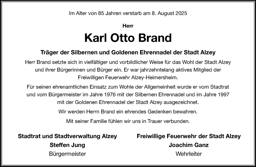  Traueranzeige für Karl Otto Brand vom 23.08.2025 aus Allgemeine Zeitung Alzey