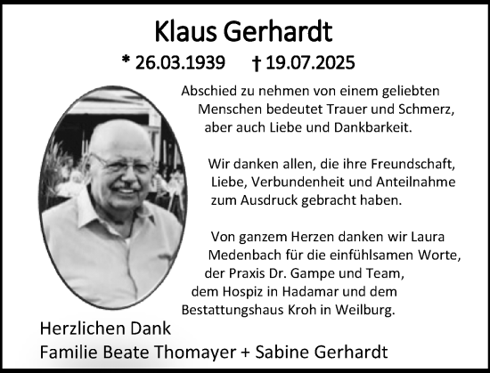 Traueranzeige von Klaus Gerhardt von Weilburger Tageblatt