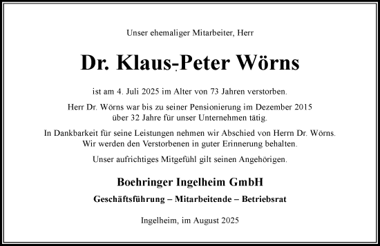Traueranzeige von Klaus-Peter Wörns von Allgemeine Zeitung Rheinhessen-Nahe