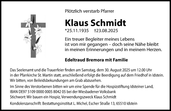 Traueranzeige von Klaus Schmidt von Idsteiner Land/Untertaunus