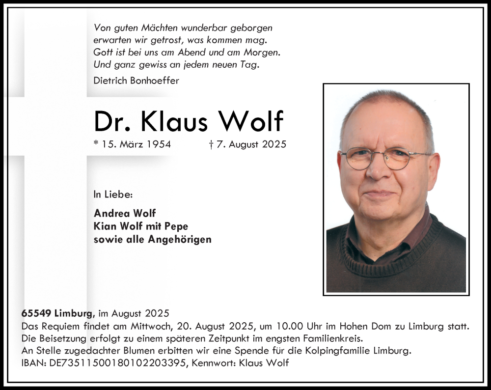  Traueranzeige für Klaus Wolf vom 16.08.2025 aus Nassauische Neue Presse