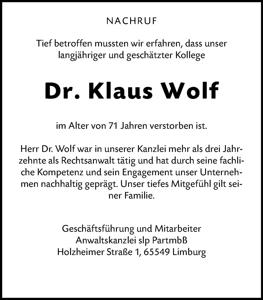  Traueranzeige für Klaus Wolf vom 20.08.2025 aus Nassauische Neue Presse