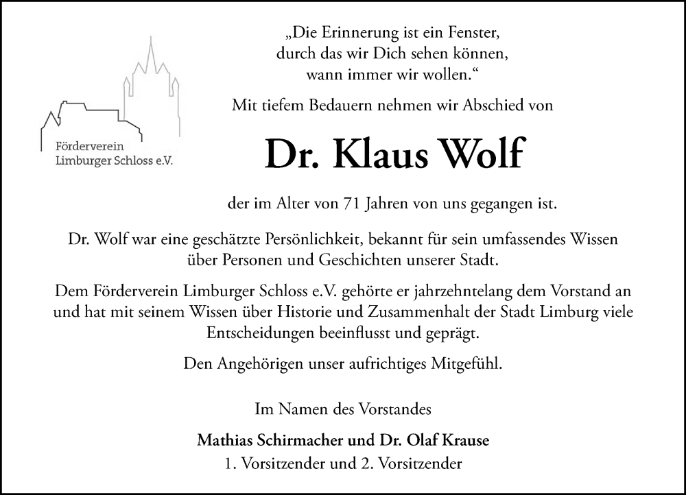  Traueranzeige für Klaus Wolf vom 23.08.2025 aus Nassauische Neue Presse