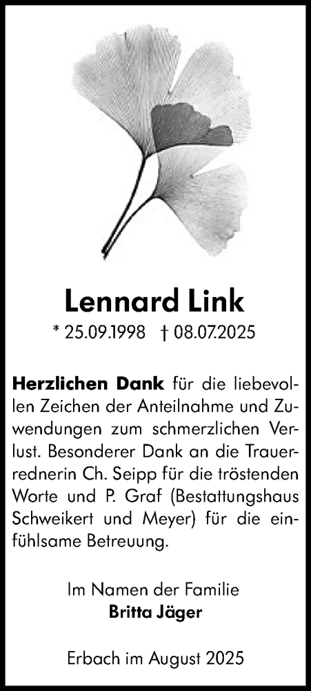 Traueranzeige von Lennard  Link von Odenwälder Echo