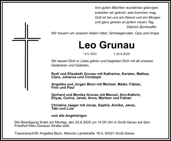 Traueranzeige von Leo Grunau von Groß-Gerauer Echo