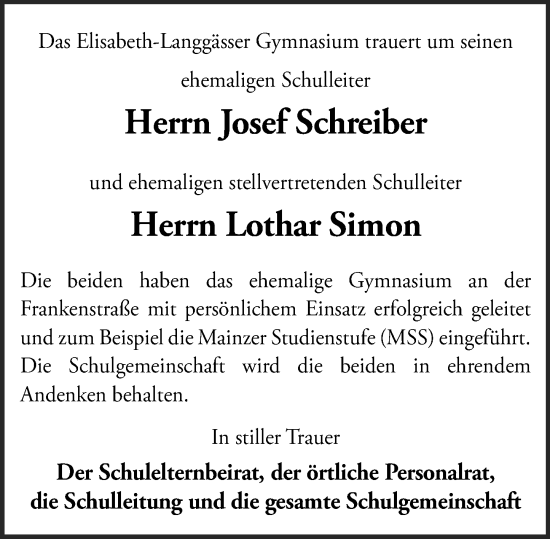 Traueranzeige von Lothar Simon von Allgemeine Zeitung Alzey