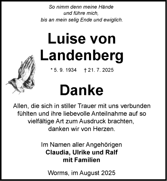 Traueranzeige von Luise von Landenberg von Wormser Zeitung