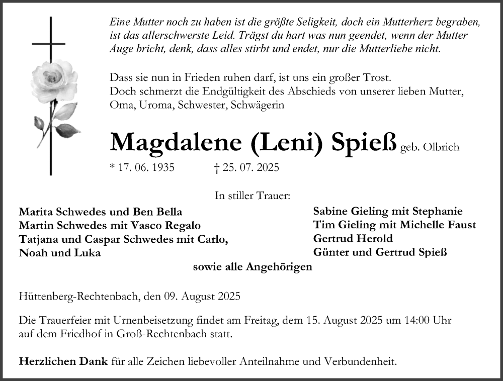  Traueranzeige für Magdalene Spieß vom 09.08.2025 aus Wetzlarer Neue Zeitung