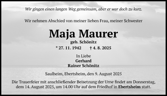 Traueranzeige von Maja Maurer von Allgemeine Zeitung Mainz