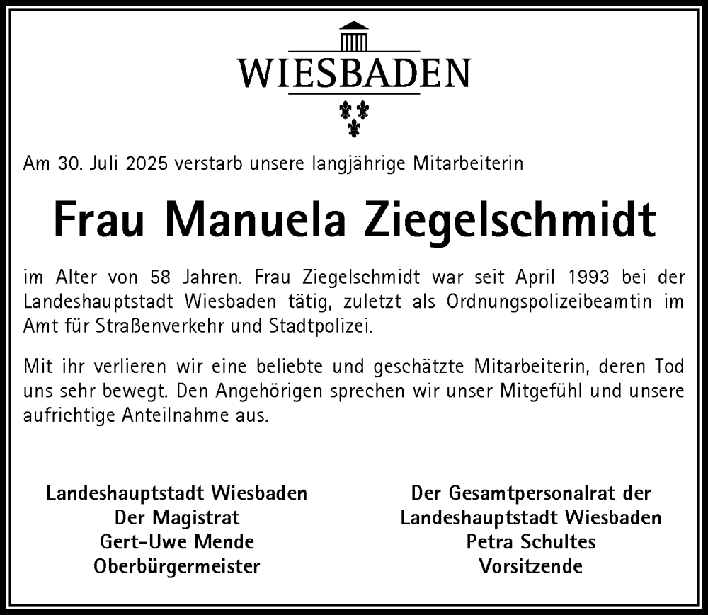  Traueranzeige für Manuela Ziegelschmidt vom 16.08.2025 aus Wiesbadener Kurier