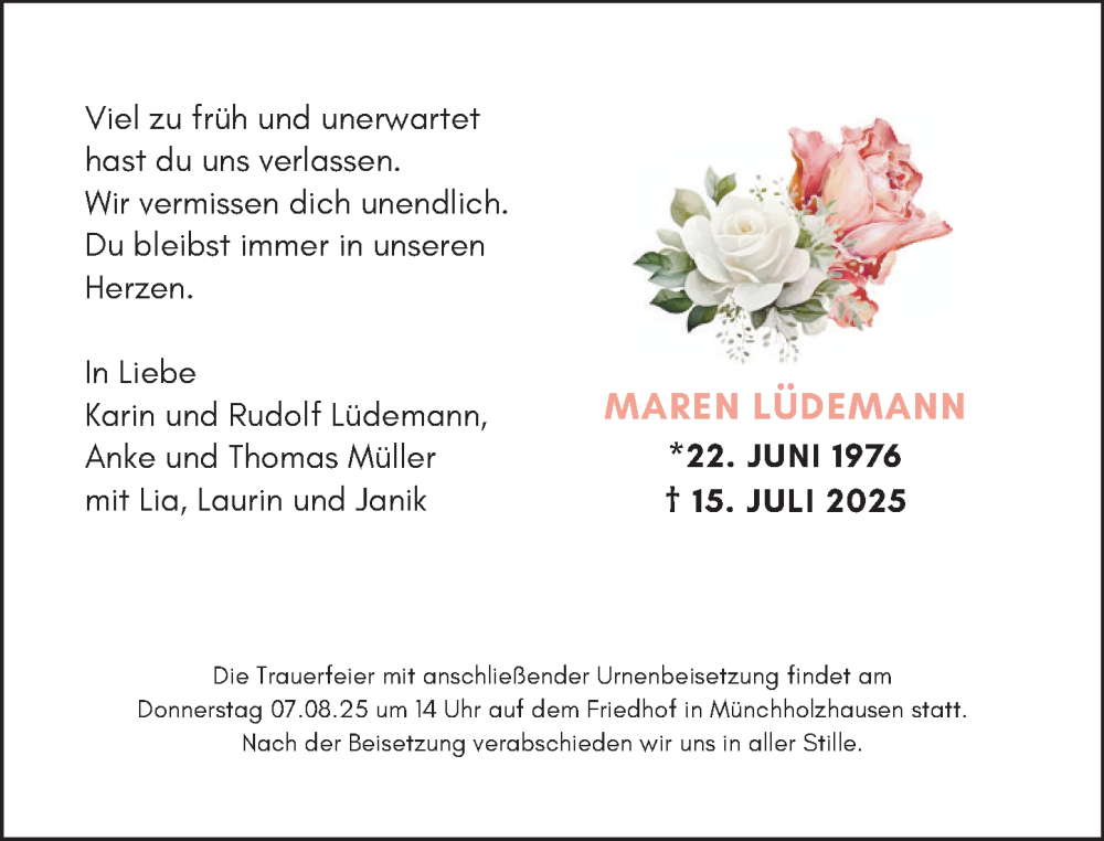  Traueranzeige für Maren Lüdemann vom 02.08.2025 aus Wetzlarer Neue Zeitung