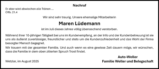 Traueranzeige von Maren Lüdemann von Wetzlarer Neue Zeitung