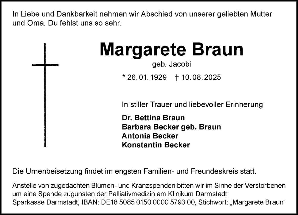  Traueranzeige für Margarete Braun vom 16.08.2025 aus Darmstädter Echo