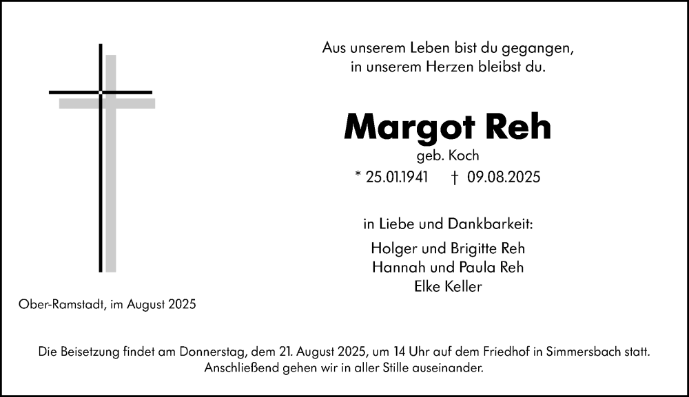  Traueranzeige für Margot Reh vom 16.08.2025 aus Dill Block