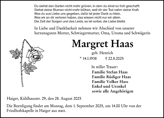 Traueranzeige von Margret Haas von Dill Block