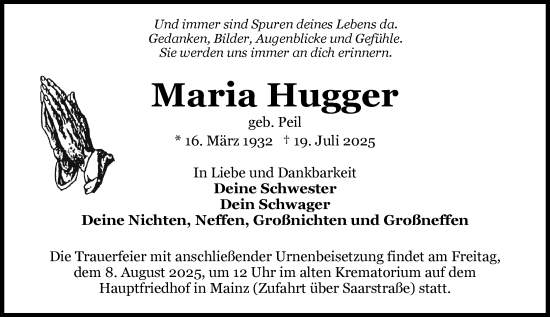 Traueranzeige von Maria Hugger von Allgemeine Zeitung Mainz