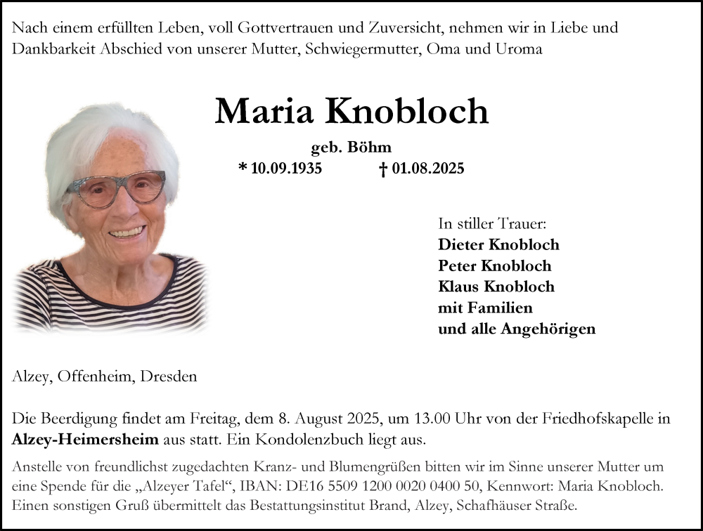  Traueranzeige für Maria Knobloch vom 06.08.2025 aus Allgemeine Zeitung Alzey