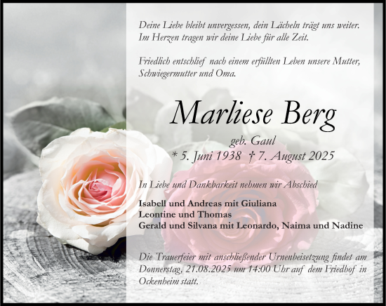 Traueranzeige von Marliese Berg von Allgemeine Zeitung Rheinhessen-Nahe
