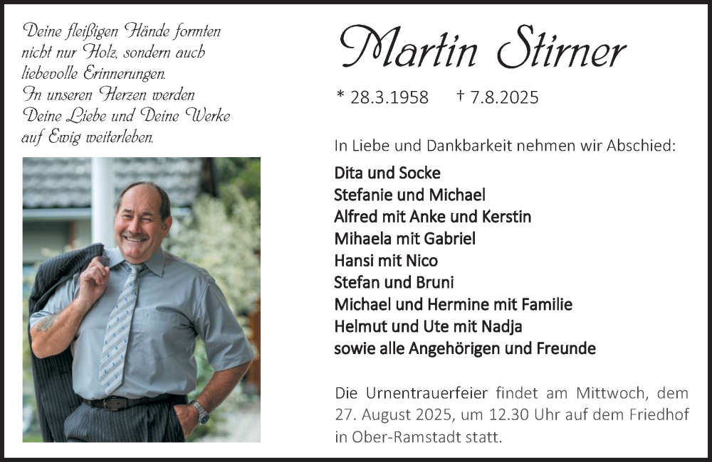  Traueranzeige für Martin Stirner vom 16.08.2025 aus Darmstädter Echo