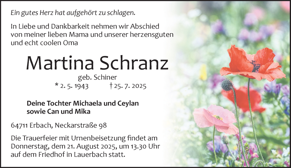  Traueranzeige für Martina Schranz vom 16.08.2025 aus Odenwälder Echo
