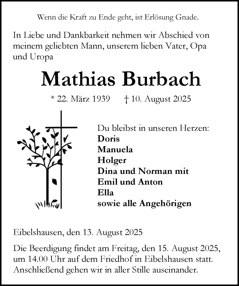  Traueranzeige für Mathias Burbach vom 13.08.2025 aus Dill Block