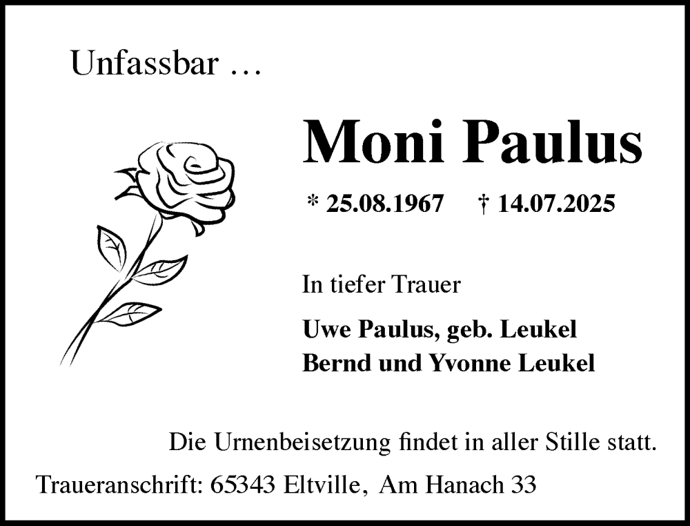  Traueranzeige für Moni Paulus vom 09.08.2025 aus Wiesbadener Kurier