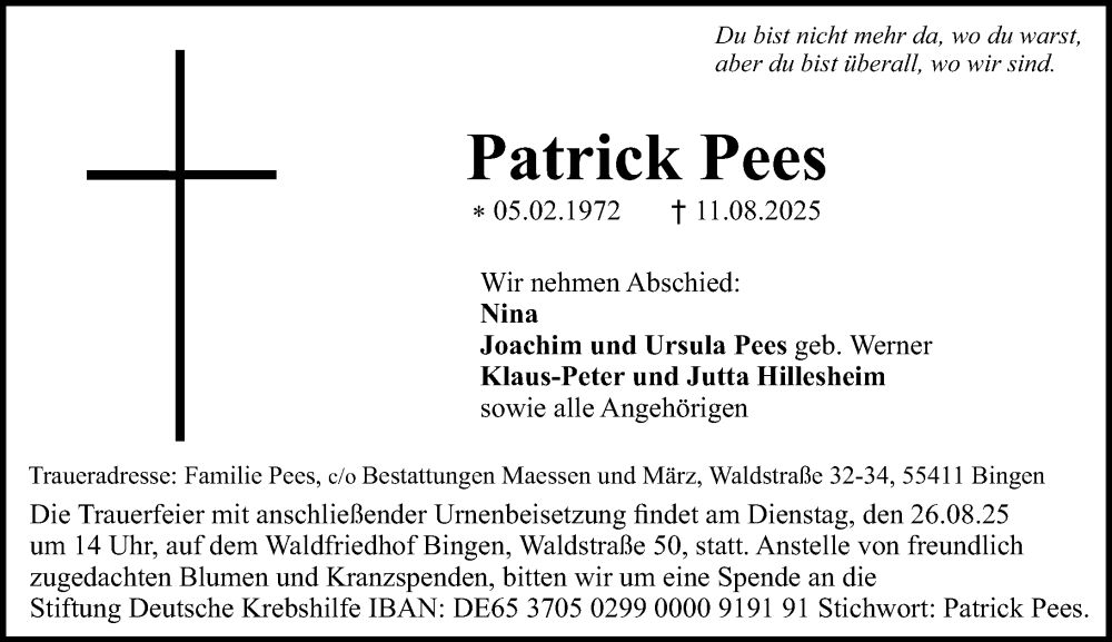  Traueranzeige für Patrick Pees vom 23.08.2025 aus Binger-/Ingelheimer Wochenblatt