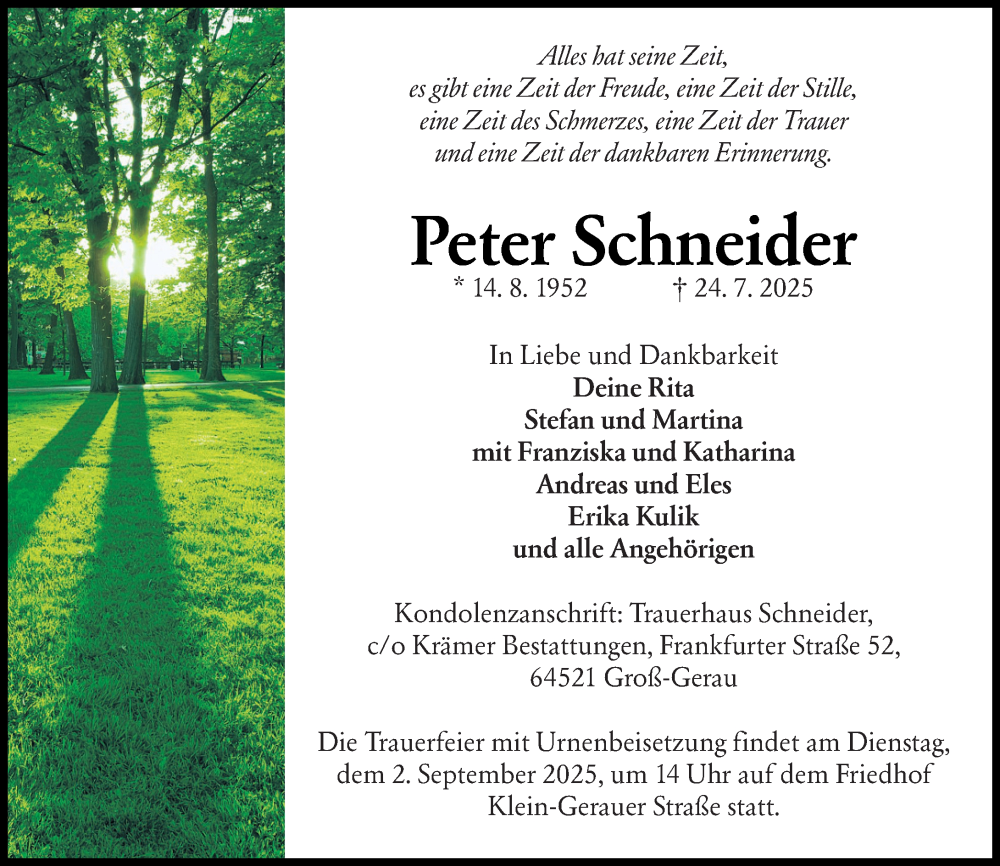  Traueranzeige für Peter Schneider vom 23.08.2025 aus Groß-Gerauer Echo