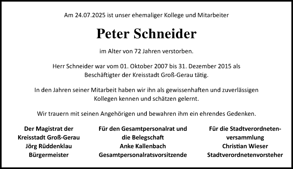  Traueranzeige für Peter Schneider vom 02.08.2025 aus Groß-Gerauer Echo