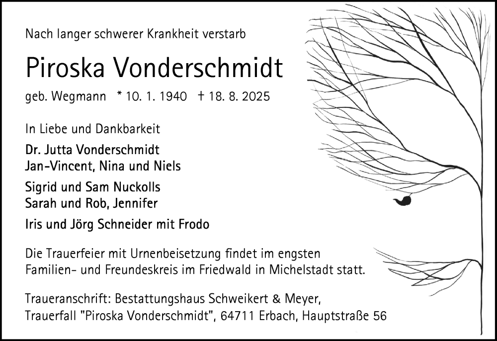 Traueranzeige für Piroska Vonderschmidt vom 23.08.2025 aus Odenwälder Echo