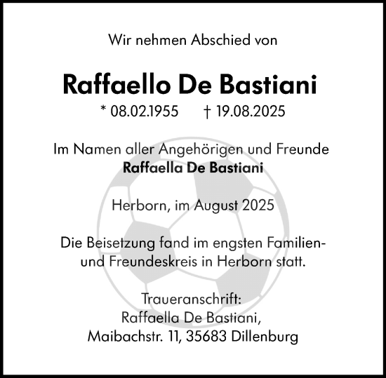 Traueranzeige von Raffaello De Bastiani von Dill Block