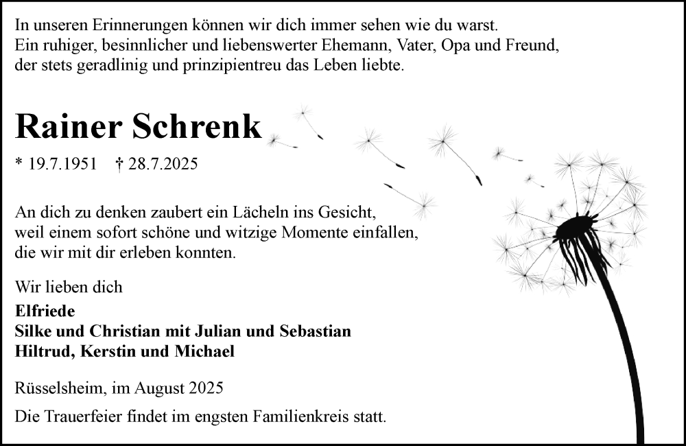 Traueranzeige für Rainer Schrenk vom 09.08.2025 aus Rüsselsheimer Echo