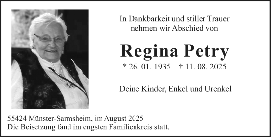 Traueranzeige von Regina Petry von Binger-/Ingelheimer Wochenblatt