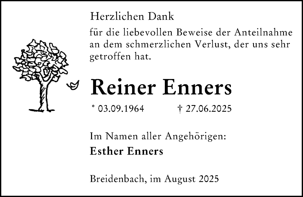 Traueranzeige für Reiner Enners vom 09.08.2025 aus Hinterländer Anzeiger