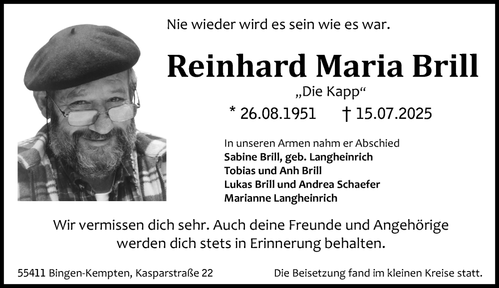  Traueranzeige für Reinhard Maria Brill vom 16.08.2025 aus Allgemeine Zeitung Rheinhessen-Nahe