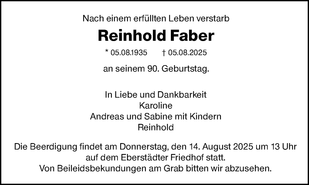  Traueranzeige für Reinhold Faber vom 09.08.2025 aus Darmstädter Echo