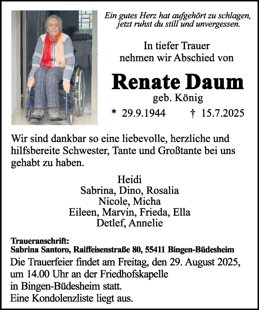  Traueranzeige für Renate Daum vom 23.08.2025 aus Binger-/Ingelheimer Wochenblatt
