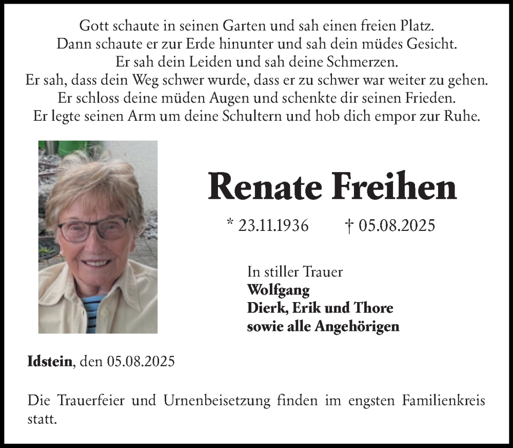  Traueranzeige für Renate Freihen vom 09.08.2025 aus Wiesbadener Kurier