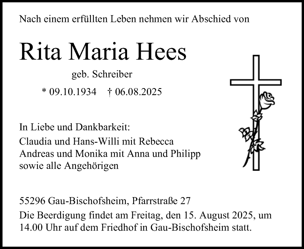  Traueranzeige für Rita Maria Hees vom 09.08.2025 aus Allgemeine Zeitung Mainz