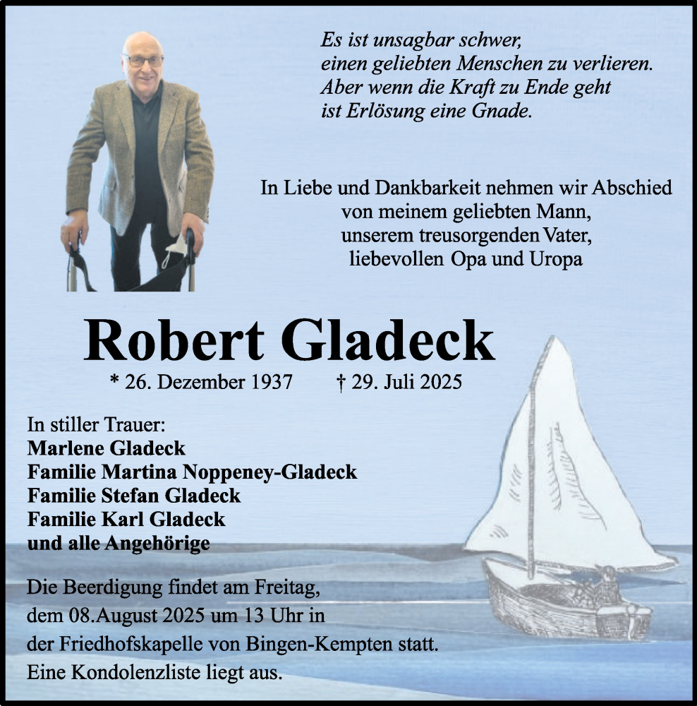  Traueranzeige für Robert Gladeck vom 02.08.2025 aus Allgemeine Zeitung Rheinhessen-Nahe