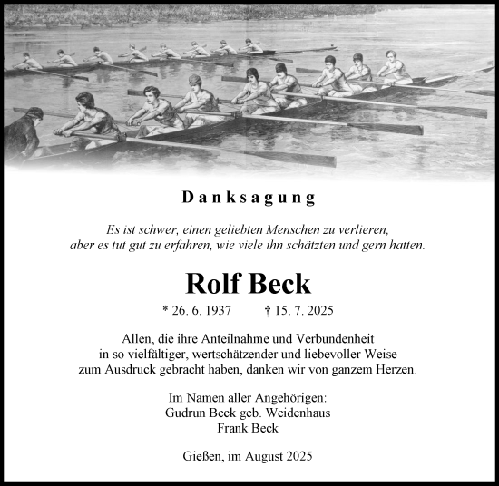 Traueranzeige von Rolf Beck von Wetzlarer Neue Zeitung