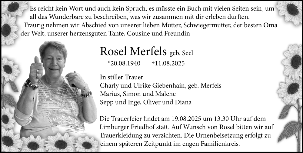  Traueranzeige für Rosel Merfels vom 16.08.2025 aus Nassauische Neue Presse